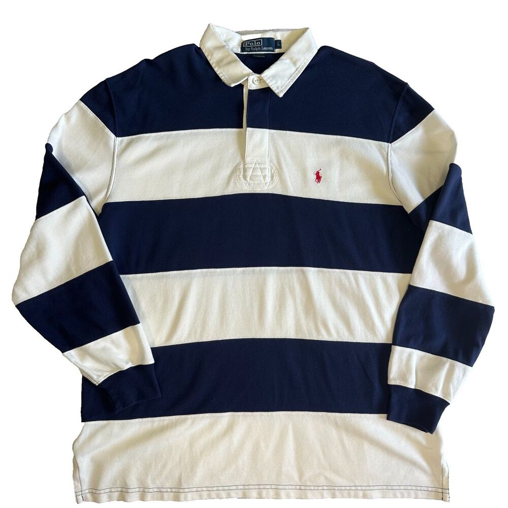 Polo Ralph Lauren Classic Fit Rugby Shirt Navy Blue White Striped Size L Large